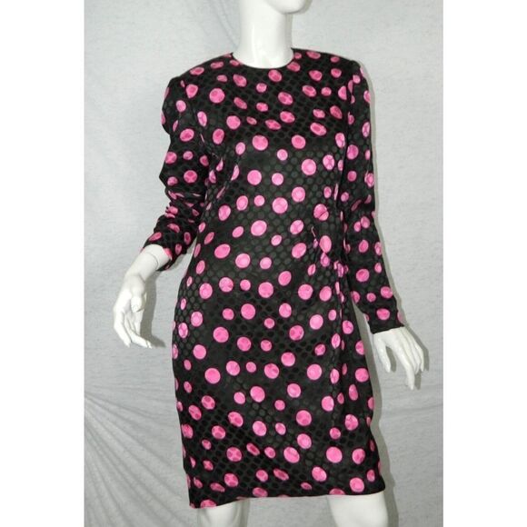 Vintage David Hayes Dress Vintage Black‎ Fuchsia Pink Silk Polka Dots Size 8 - Picture 1 of 12